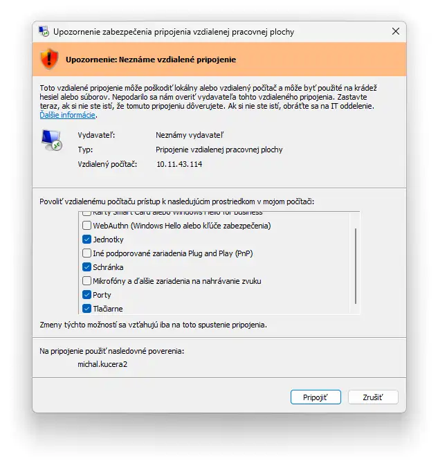 Okno Upozornenie: Neznáme vzdialené pripojenie v systéme Windows 11 po aktualizácii KB5083769
